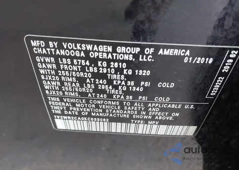 2019 Volkswagen Atlas 3.6L V6 Se W/Technology from USA, damaged, VIN 1V2WR2CA0KC533062